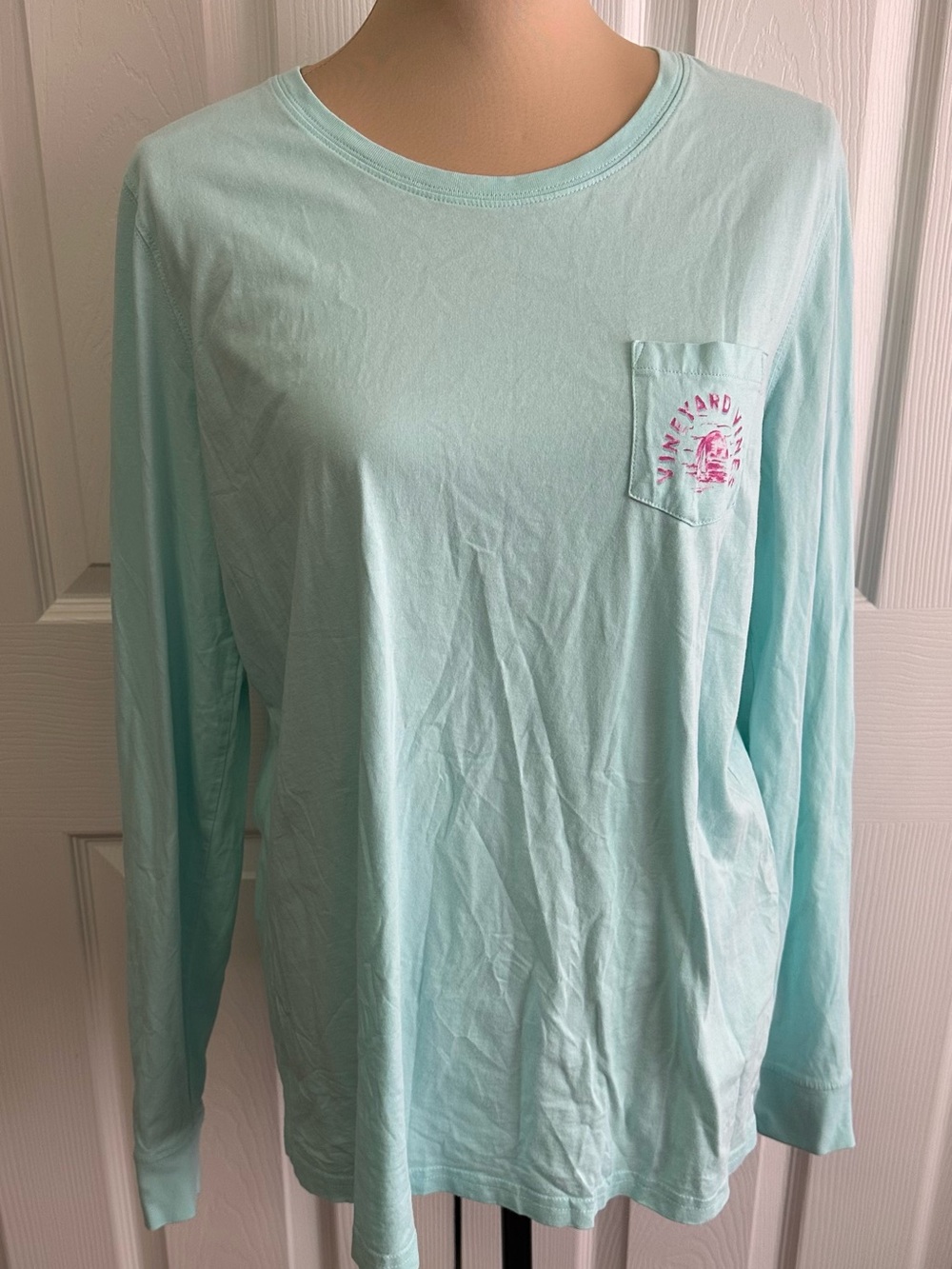 Vineyard Vines Women's Light Aqua Long Sleeve Pocket Tee with Pink Logo